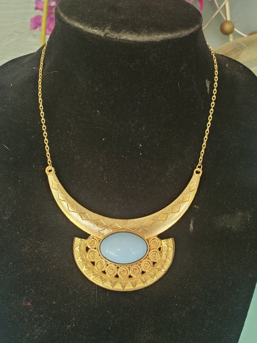 Gold Egyptian Collar Necklace with Light Blue Cabochon